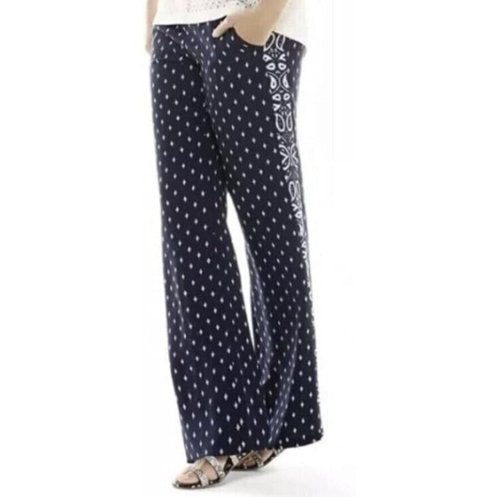 Womens Cabi Wide Leg Dress Pant Trouser Navy White Paisley Print Style 5176 Sz 8